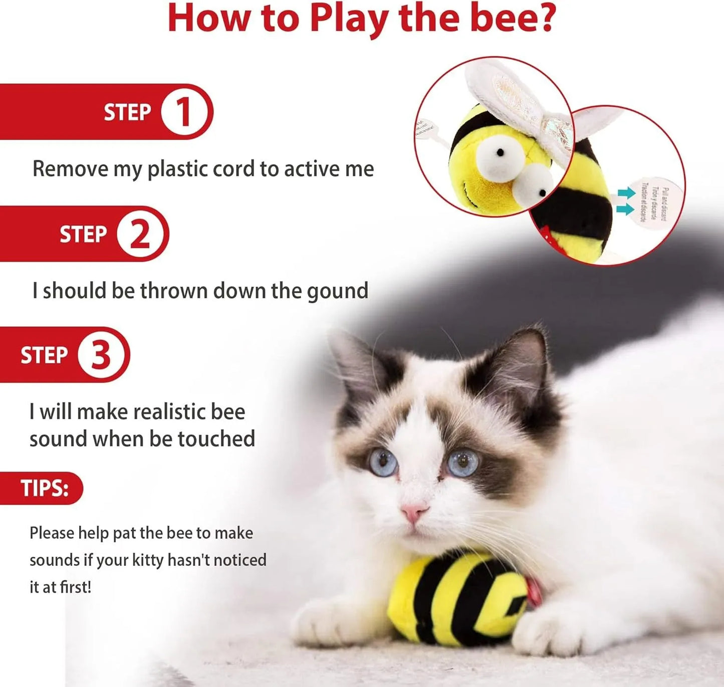 Yellow bee-shaped cat toy with flannelette fabric, motion-activated squeaking sound mechanism for interactive play