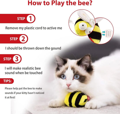 Yellow bee-shaped cat toy with flannelette fabric, motion-activated squeaking sound mechanism for interactive play