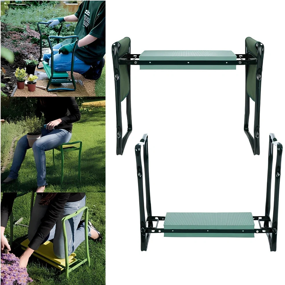 Green foldable outdoor garden bench with foam pad and side tool pouch