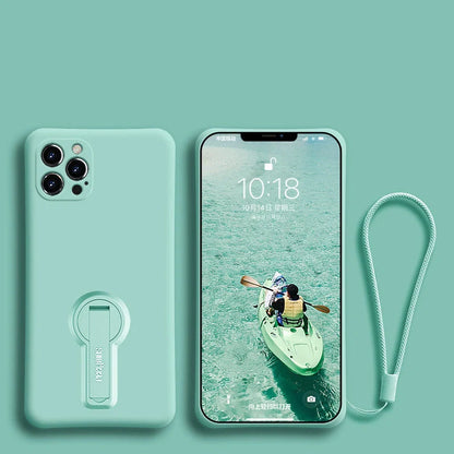 Liquid silicone anti-drop phone case for Apple iPhone 12 series with bracket and lanyard