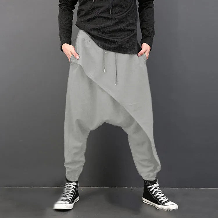Loose harem pants in black, grey, and light grey cotton with drop crotch and baggy fit