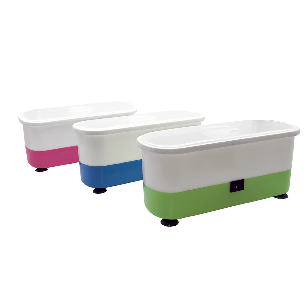 Blue analog ultrasonic cleaner measuring 17x6x8cm with contact lens box and battery compartment