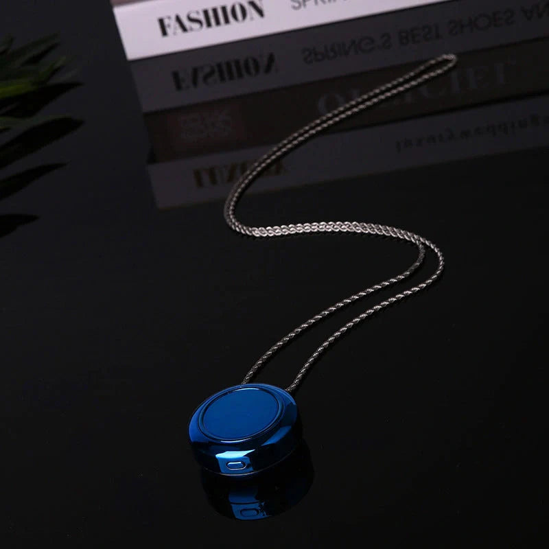 Portable negative ion air purifier necklace in blue, white, and silver