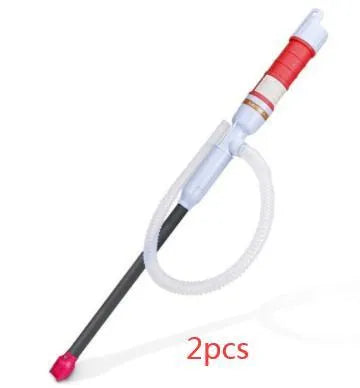 Blue and red manual siphon hand pump for fuel and oil transfer.