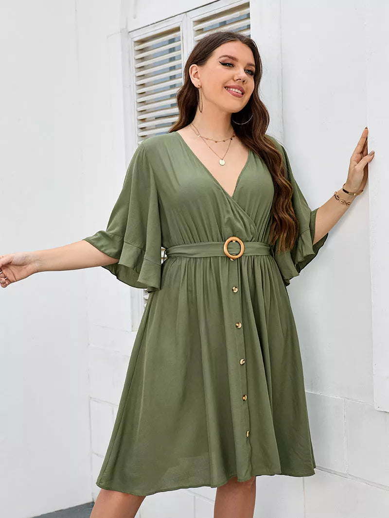 Plus size green V-neck party skirt with ruffle sleeves for women