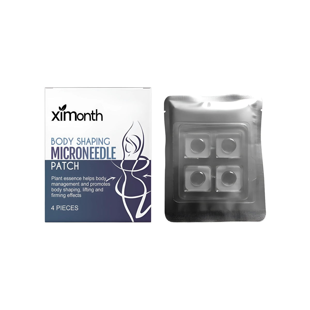 Four curved body-shaping microneedle patches on skin, showing contour fit.