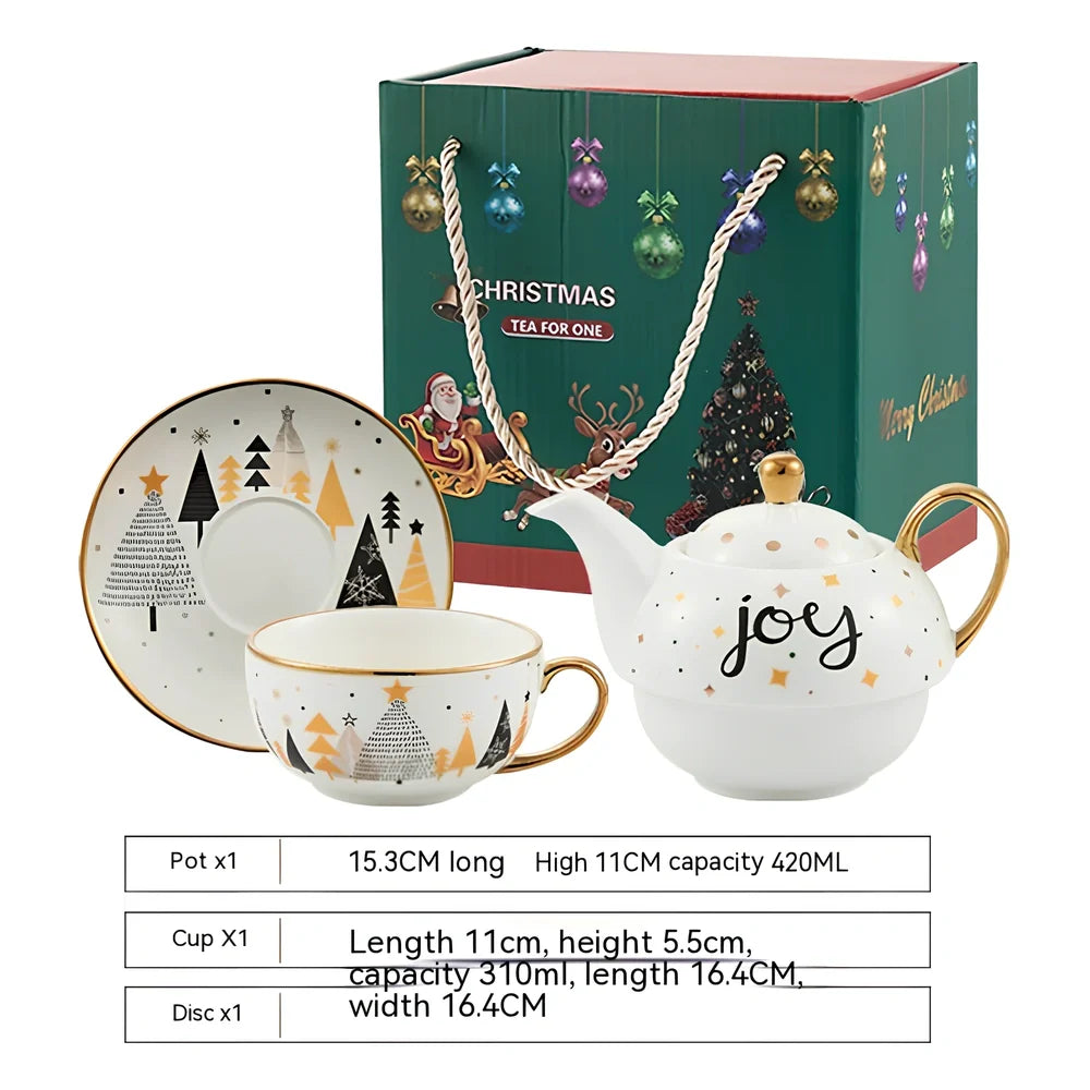 Christmas ceramic cup and saucer set with spoon featuring festive patterns and porcelain construction