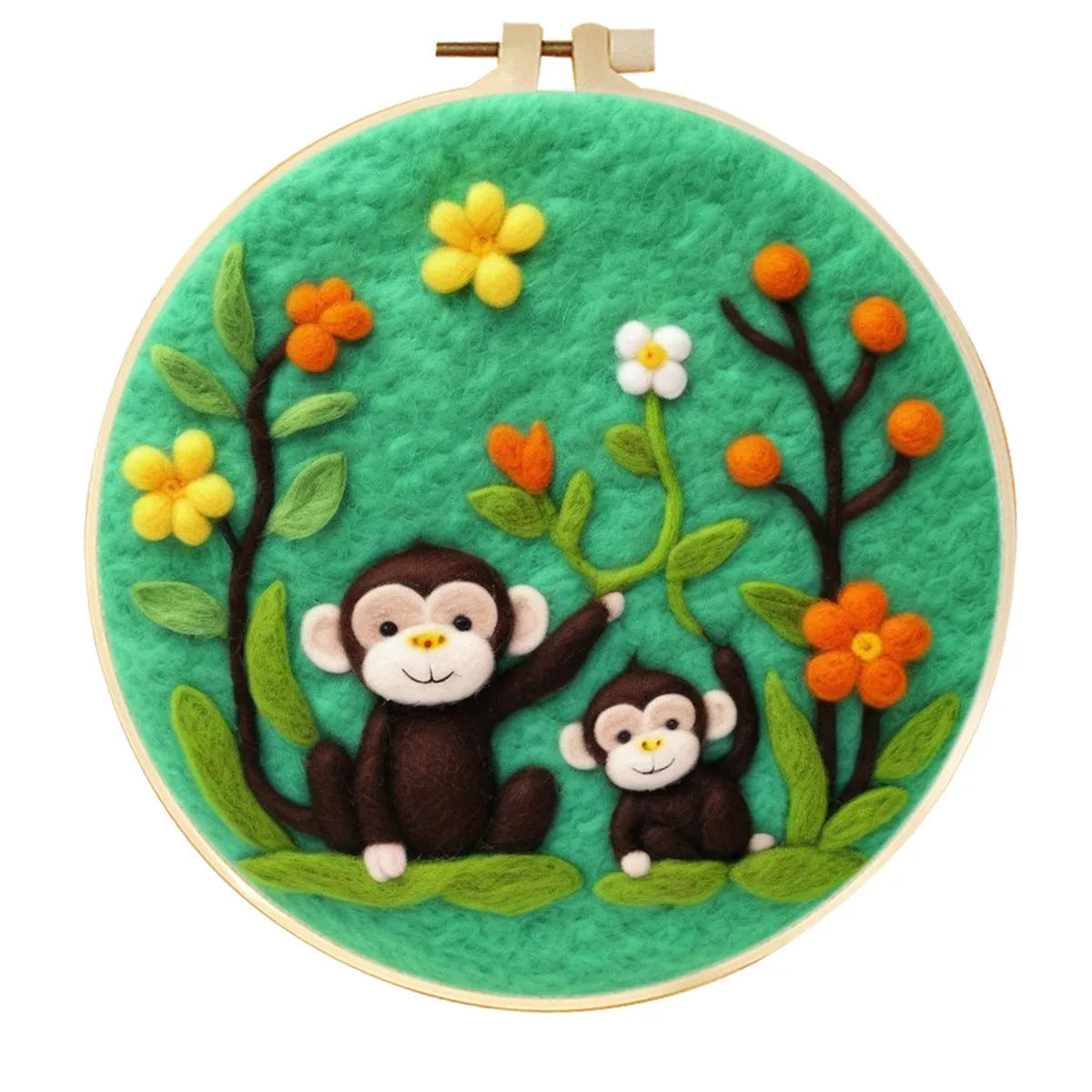 Round fabric embroidery kit with 20x20cm linen frame and wool felt for three-dimensional floral artwork