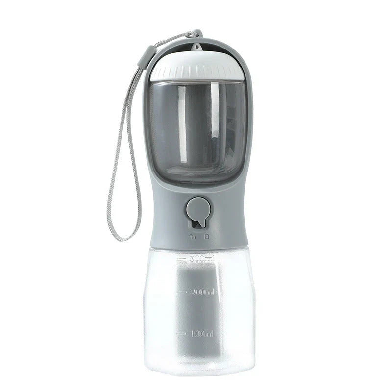 Versatile 3-in-1 pet water bottle with integrated water dispenser, food container, and waste bag compartment