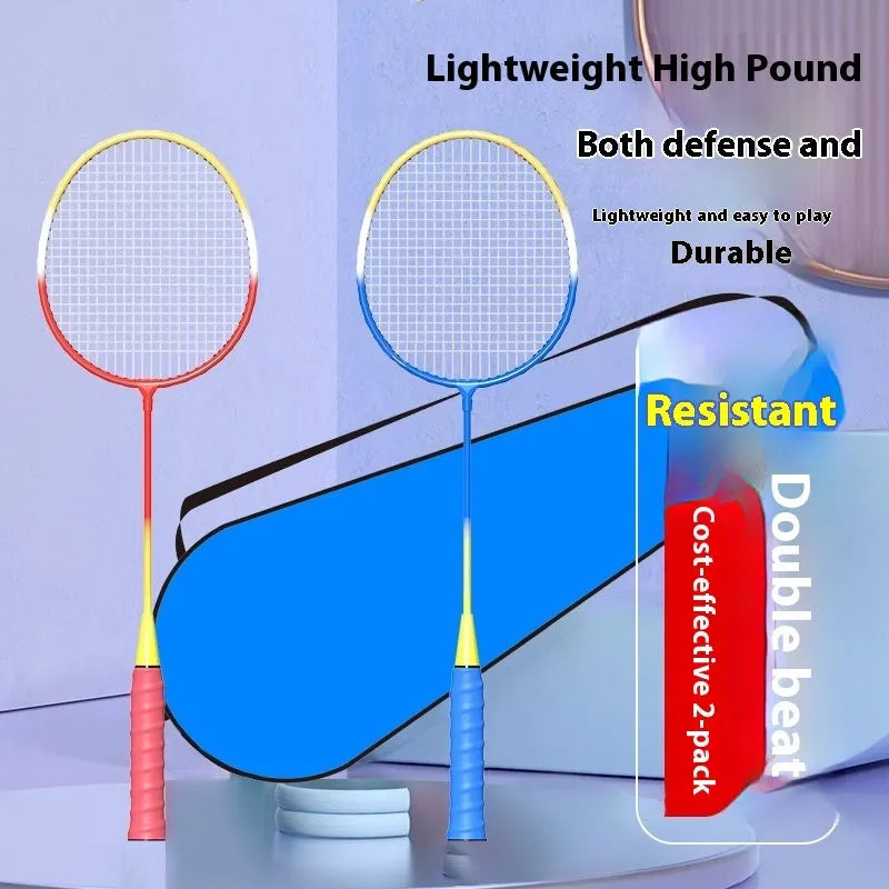 Pair of blue and red split badminton rackets showing separated and assembled states