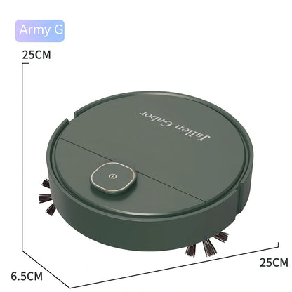 White automatic robot vacuum cleaner measuring 25x25x6.5cm with USB charging port