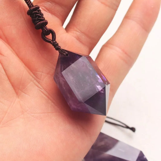 Natural Amethyst Hexagonal Pendant with Korean style geometric design