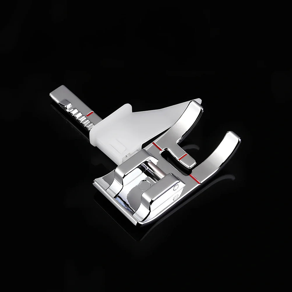 Regular sewing machine presser foot with red border guide for precise quilting seam measurements