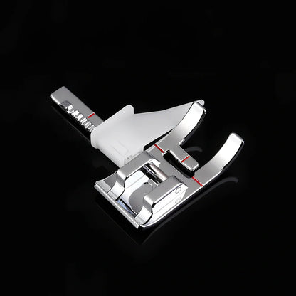 Regular sewing machine presser foot with red border guide for precise quilting seam measurements