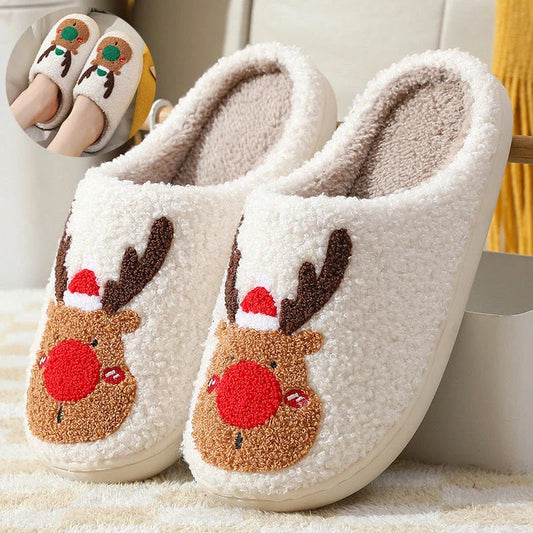 Cozy elk-themed slippers with plush suede uppers and supportive EVA soles in a variety of dreamy colors