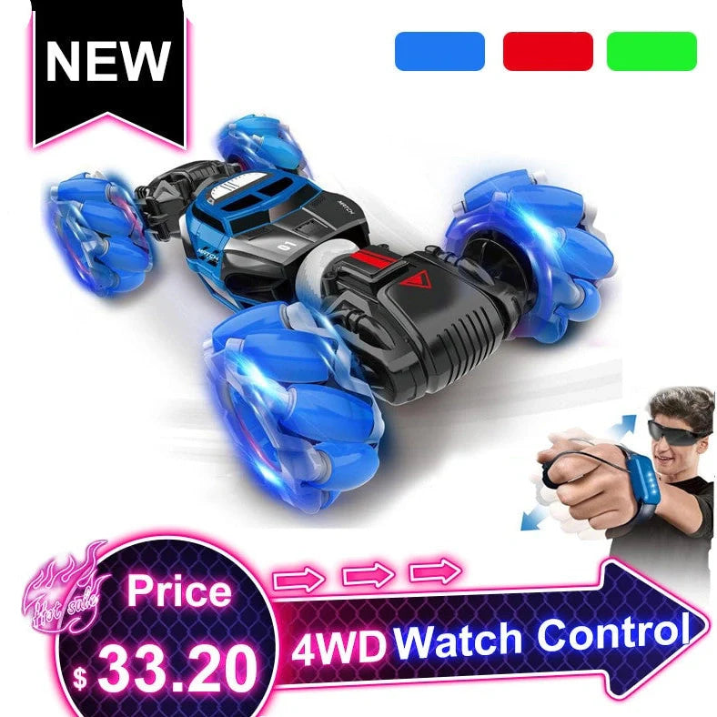 Red 4WD RC stunt car performing sideways drift with LED lights illuminated, showing gesture remote control