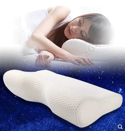 Blue butterfly-shaped memory foam cervical pillow showing contour design for neck support
