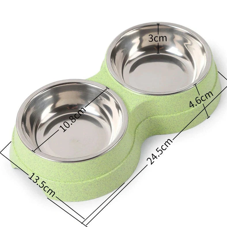 Double pet bowl with stainless steel insert and straw base in blue, showing separate food and water compartments
