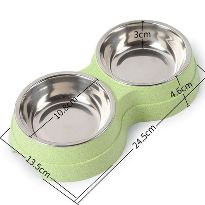 Double pet bowl with stainless steel insert and straw base in blue, showing separate food and water compartments
