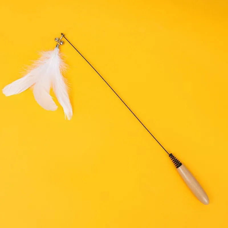 Wooden handle cat teasing stick with spring and replaceable feather bell head toy