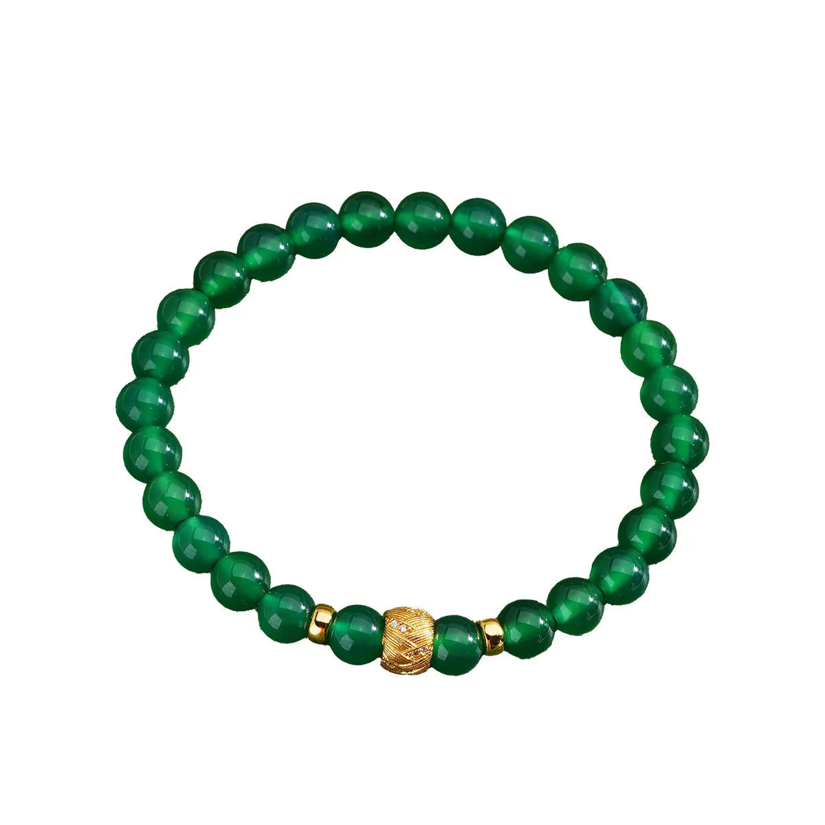 Green agate 6mm beaded bracelet with S925 sterling silver and yellow gold electroplated retro geometric design.
