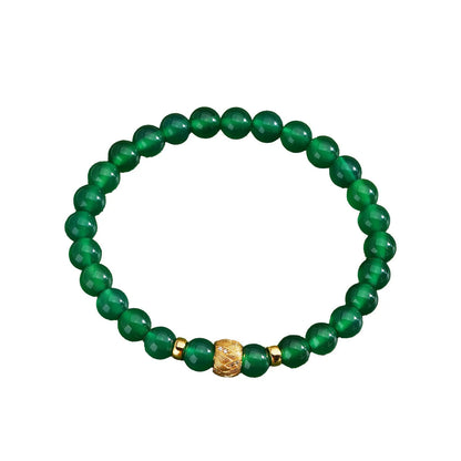 Green agate 6mm beaded bracelet with S925 sterling silver and yellow gold electroplated retro geometric design.