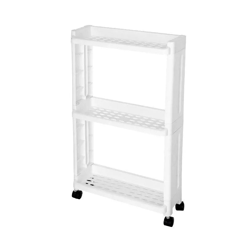 Wheeled kitchen storage rack in white and grey, offering space-saving organization with durable PP plastic construction.