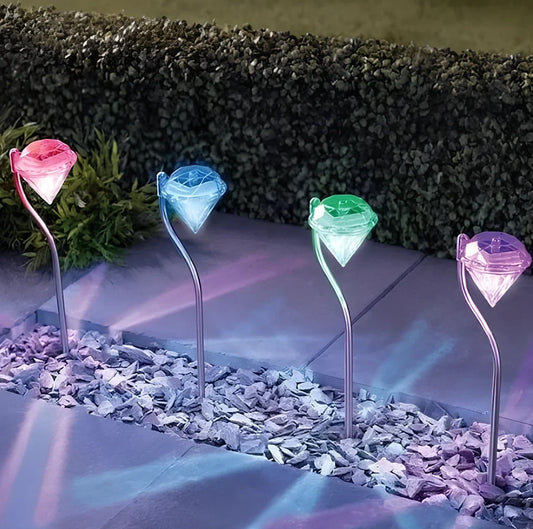 Solar powered garden diamond light with white and multicolor LED options for outdoor illumination