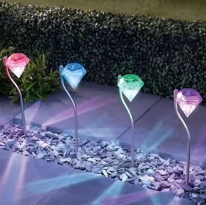 Solar powered garden diamond light with adjustable angle and IP55 waterproof rating for outdoor use