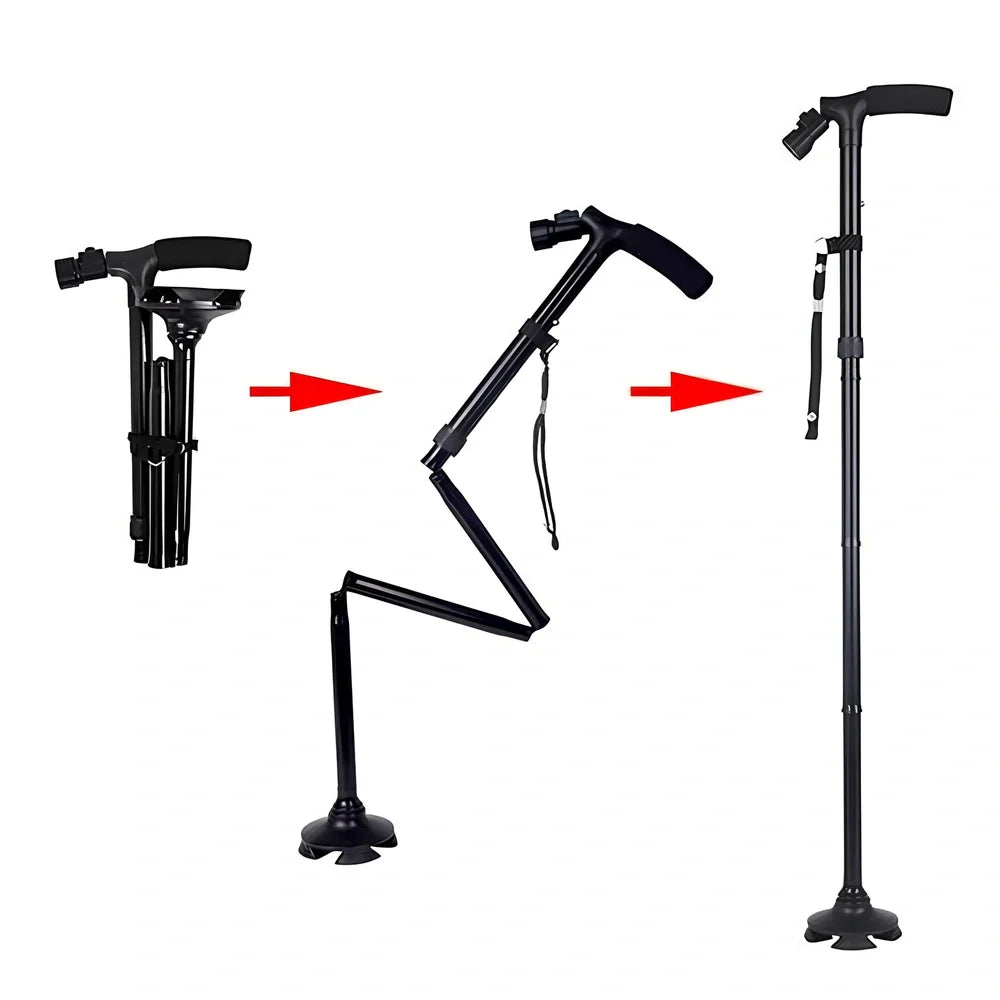 Black aluminium folding cane with LED lights and four rotatable contact points for stability