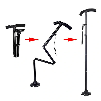 Black aluminium folding cane with LED lights and four rotatable contact points for stability