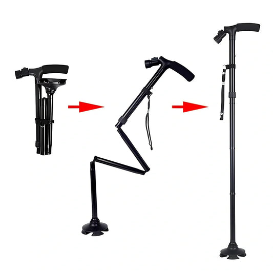 Black aluminium folding cane with LED lights and four rotatable contact points for stability