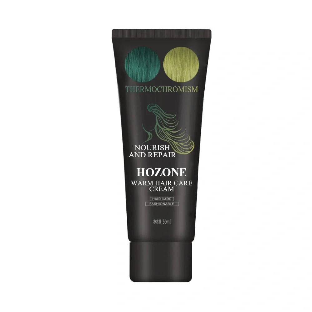 Thermochromic hair dye cream that changes color at 18°C, available in green yellow and black silver