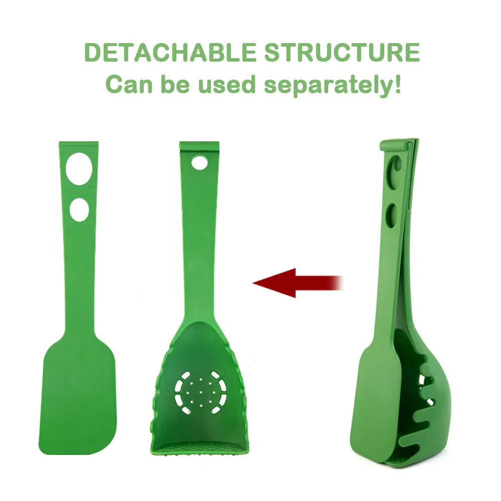 Plastic kitchen shovel and spaghetti spoon set with measurements shown
