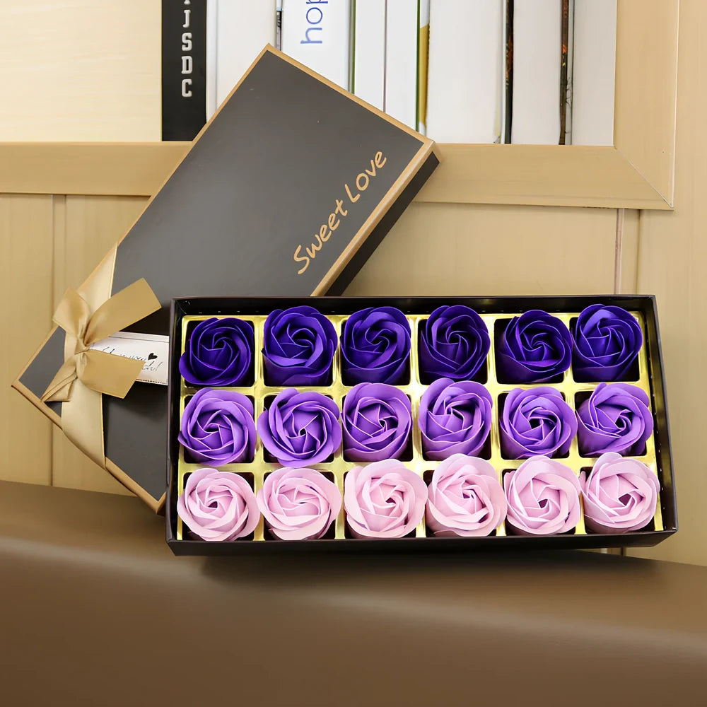 Handmade bouquet of 18 pink gradient rose soap flowers with smooth petals for hand cleansing and decoration