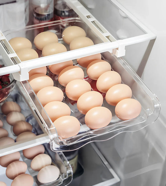 Transparent adjustable fridge egg storage rack with pull-out drawer holding 21 eggs, stackable for kitchen organisation
