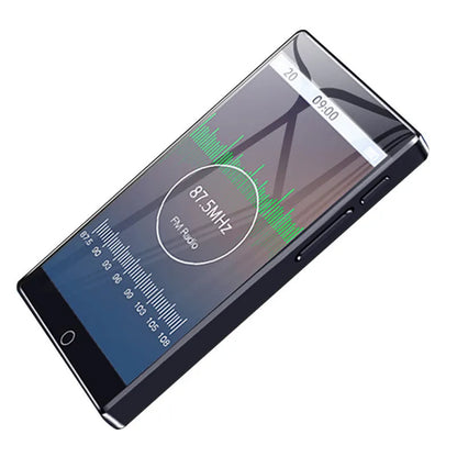 Black Ruizu H1 slim MP3 MP4 player with 4-inch touch screen showing menu interface.