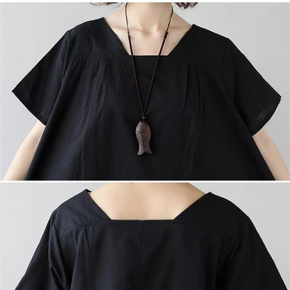 Black linen short sleeve dress for women in large size, perfect for summer.
