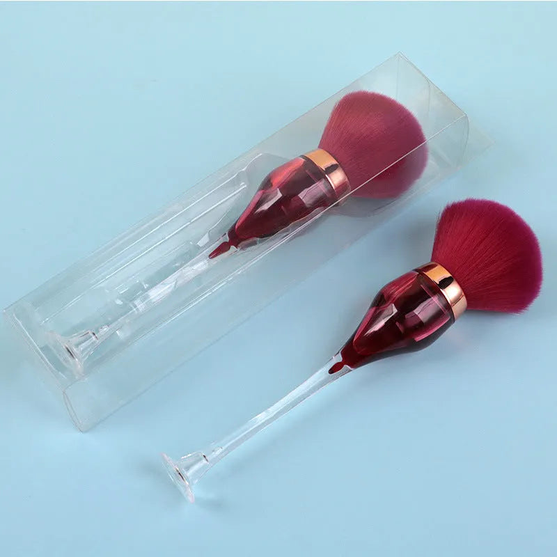 Wine glass shape large makeup brush with fluffy man-made fibre head, long plastic handle, 14cm total length, in Champagne, Pink or Wine Red.