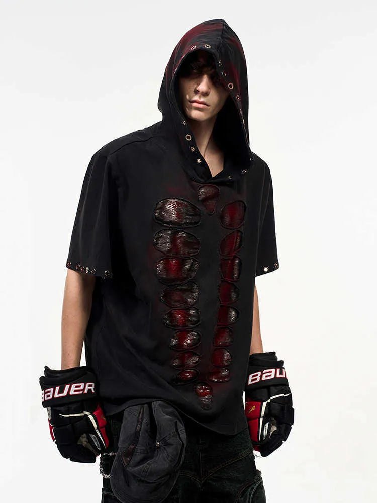 Black men's hooded short-sleeved T-shirt covered in shimmering sequins with a loose fit.