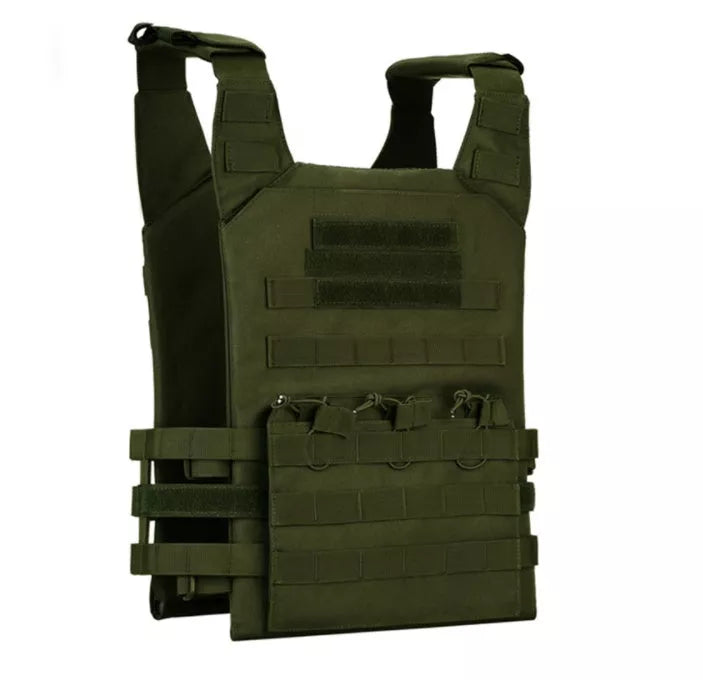 Men's adjustable molle tactical vest in khaki and army green, made from durable oxford material.