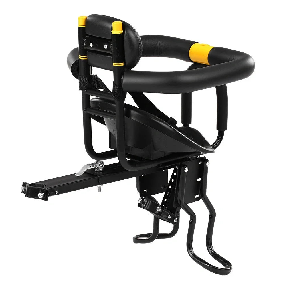 Front-mounted bicycle child seat with steel frame construction in black colour