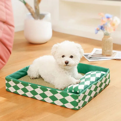 Blue rattan cat bed and litter mat in a large size, showing woven texture and rectangular shape.