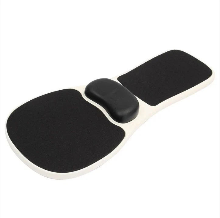 Ergonomic computer arm rest mouse pad with adjustable straps, memory foam wrist rest, and sturdy ABS plastic construction for comfortable and productive computing