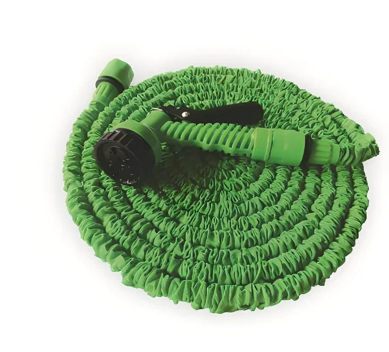Blue telescopic water hose with high-pressure gun, expanded for use in garden watering