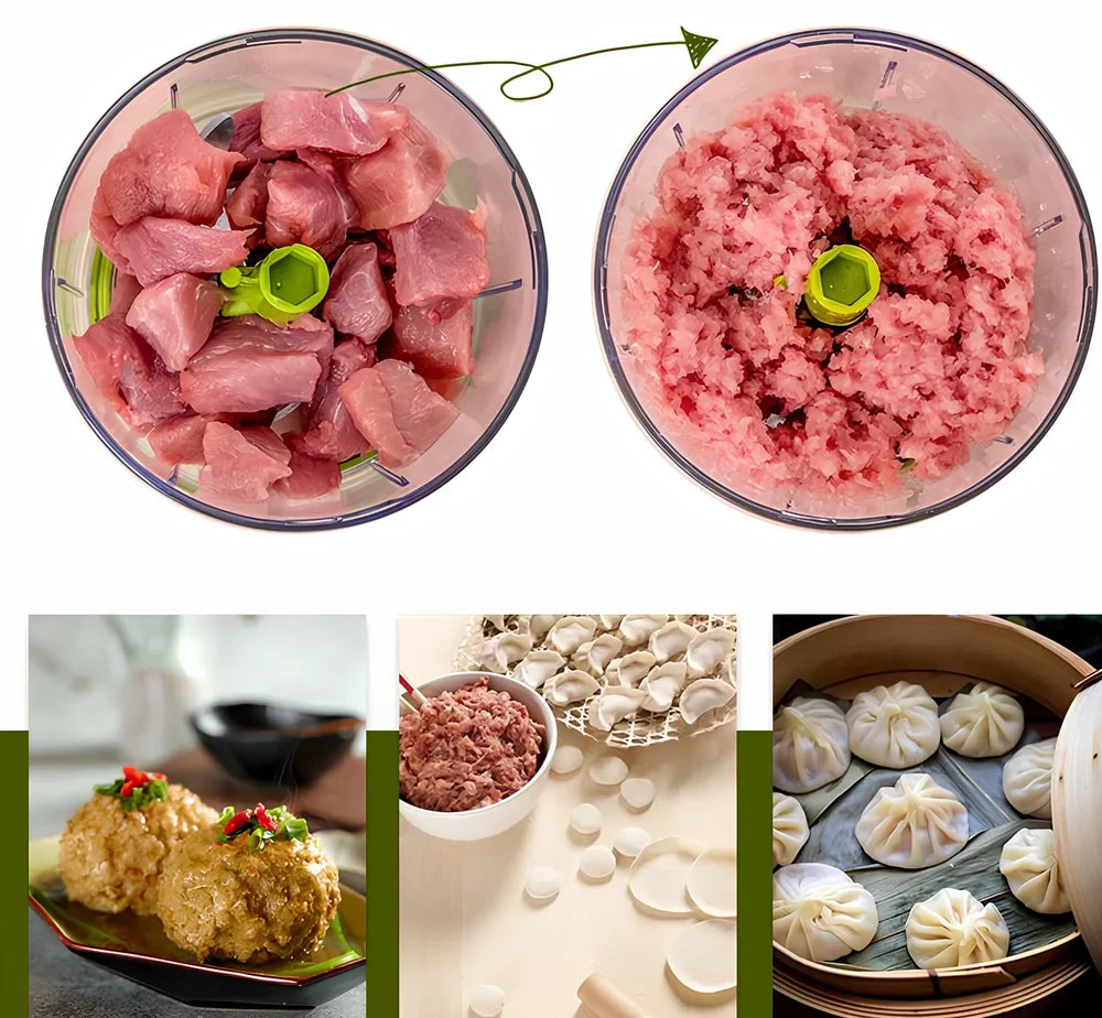 Manual vegetable chopper with three stainless steel blades and 1.2-litre plastic bowl for food preparation