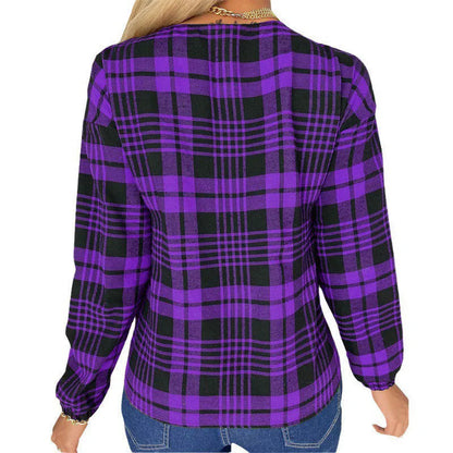 Women's plaid shirt in purple, grey, or red with regular sleeves and loose fit, showing size range S to 3XL