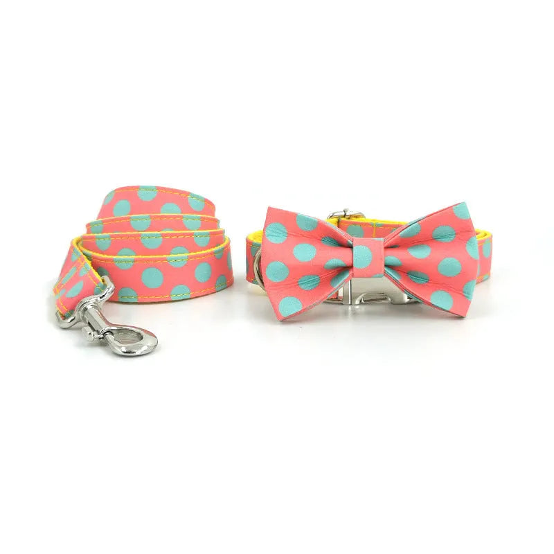 Yellow polka dot dog collar and lead set with adjustable sizing options