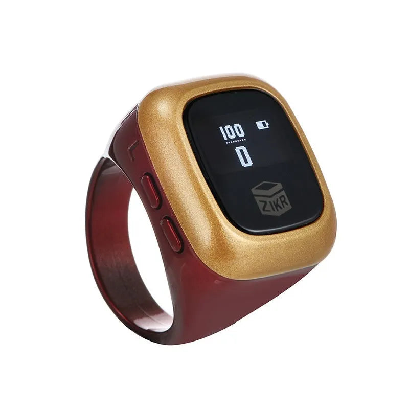 Al-Fatiha black electronic zikr counter on wrist showing digital display, with rose gold and silver colour options visible.