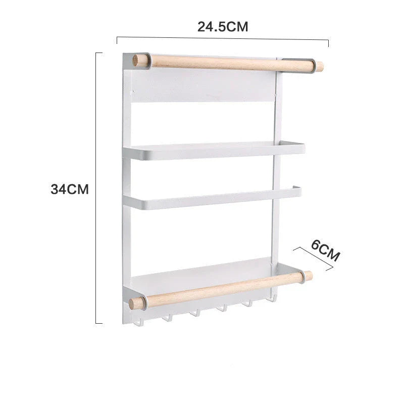 Magnetic Refrigerator Organizer with six hooks, wooden crossbar, and sleek matte metal finish